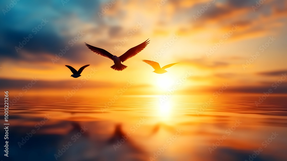Fototapeta premium Birds flying over a tranquil sunset illuminating the peaceful water surface.