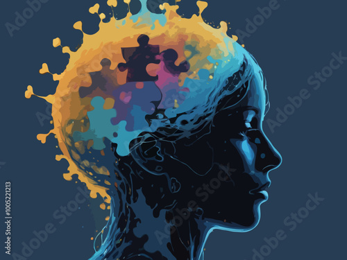 illustration of portrait of human multicolored puzzles that shed colors on natural color. mental health