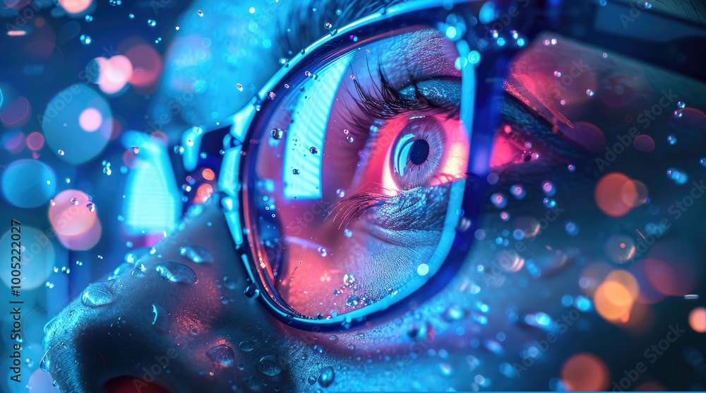 Close-up of a woman's eye with glasses, looking through rain at colorful city lights. Close-up of a woman's eye with glasses, looking through rain at colorful city lights.