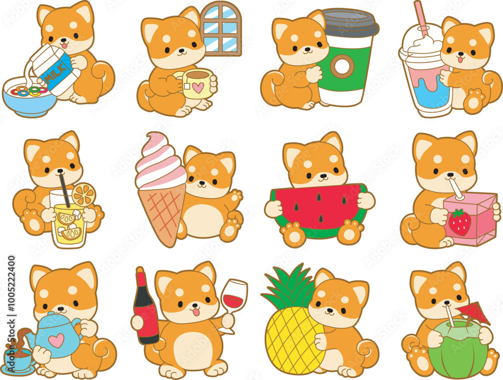 Cute puppy kawaii dog lovely animal vector icon. Fluffy Shiba Inu pet stickers. Happy doggy activities illustrations. Cute puppy kawaii dog lovely animal vector icon. Fluffy Shiba Inu pet stickers. Happy doggy activities illustrations.