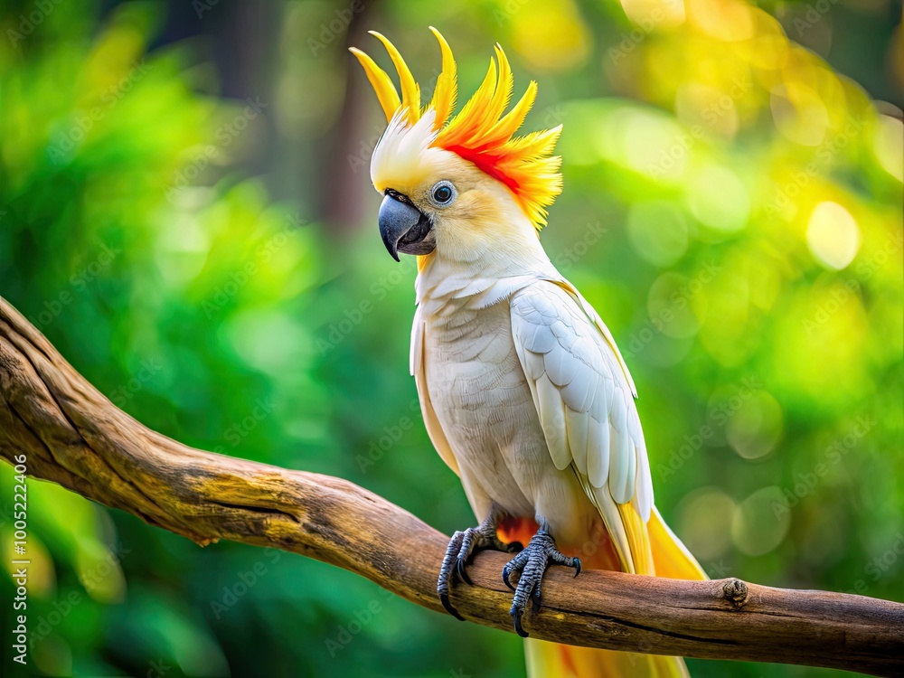 Vibrant yellow Asian cockatoo perches on a wooden branch, showcasing its striking red cheek patches, bright feathers, and curved beak against a blurred green background. Vibrant yellow Asian cockatoo perches on a wooden branch, showcasing its striking red cheek patches, bright feathers, and curved beak against a blurred green background.