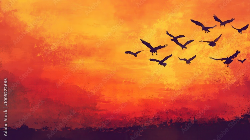 Silhouette of Birds Flying in Dramatic Orange and Red Sunset Sky Watercolor Painting. Silhouette of Birds Flying in Dramatic Orange and Red Sunset Sky Watercolor Painting.