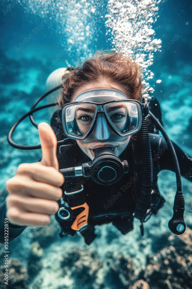 Diver in deep sea with thumbs up gesture Diver in deep sea with thumbs up gesture