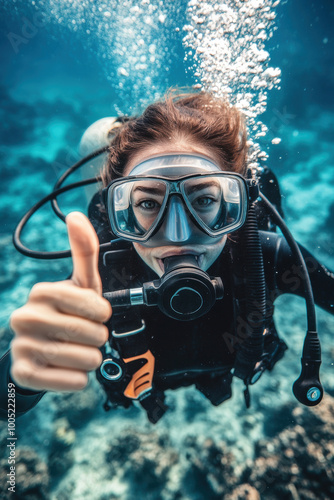 Diver in deep sea with thumbs up gesture