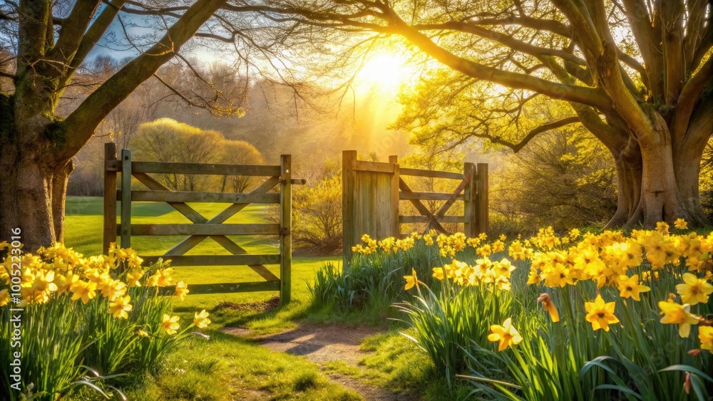 Fototapeta premium Vibrant yellow daffodils and blooming trees surround a rustic wooden gate, welcoming the new season with warm sunlight and a sense of rebirth.