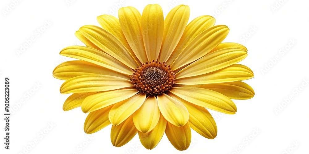 Obraz premium Vibrant yellow daisy with delicate petals and dark center, isolated on white background, perfect for spring or summer designs, digital illustrations, and DIY projects.