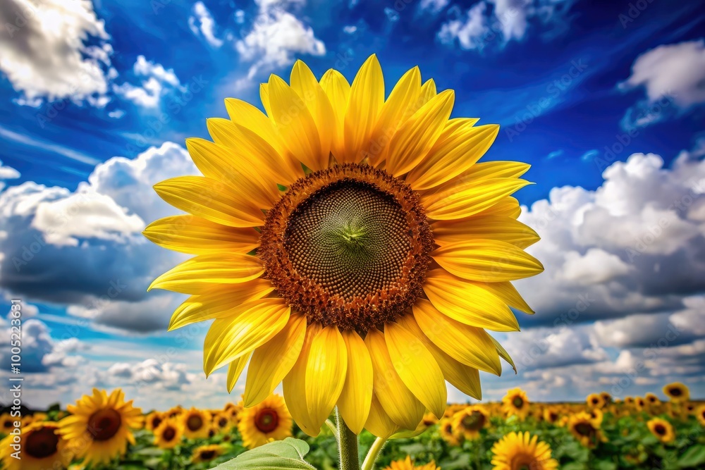 Obraz premium Vibrant yellow petals and dark center of a beautiful sunflower bloom against a bright blue sky with soft, fluffy clouds on a warm summer day.