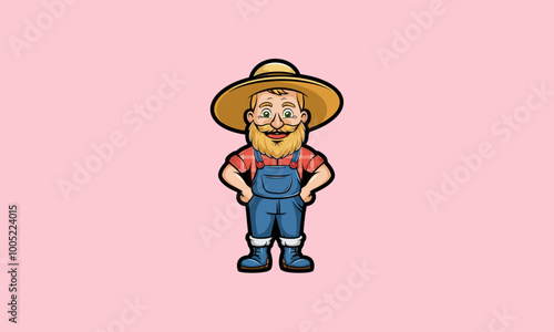 Cheerful farmer in overalls and straw hat.