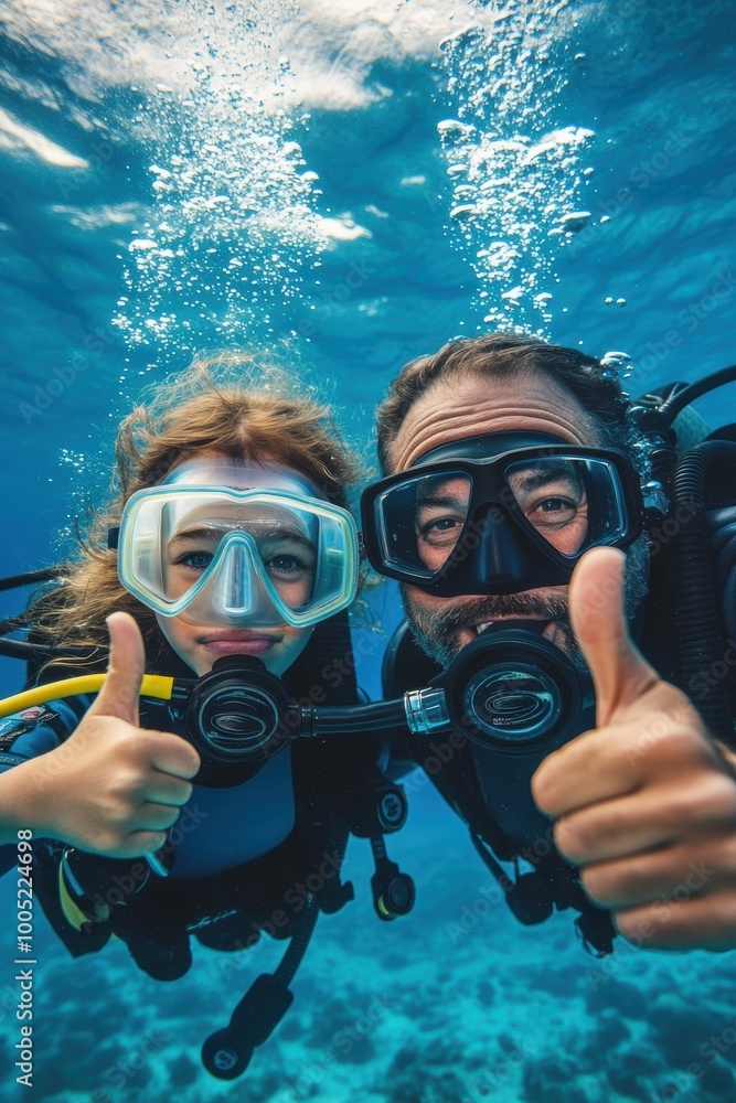 Diver in deep sea with thumbs up gesture Diver in deep sea with thumbs up gesture