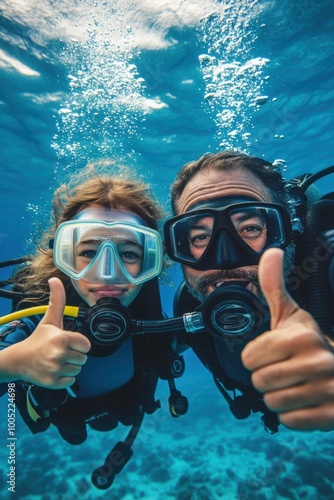 Diver in deep sea with thumbs up gesture