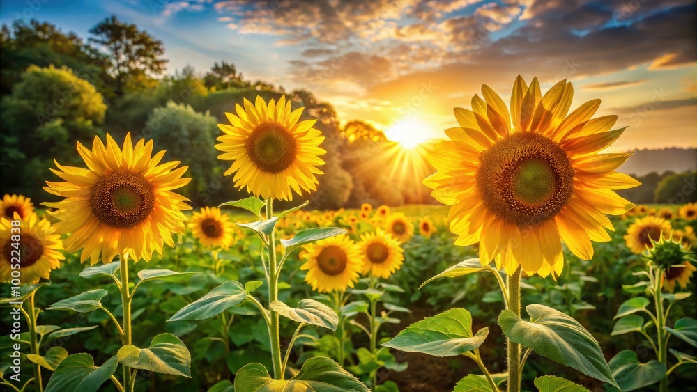 Fototapeta premium Vibrant yellow sunflowers stand tall amidst lush greenery, surrounded by a warm golden light, exuding the carefree essence of a bright summer afternoon.