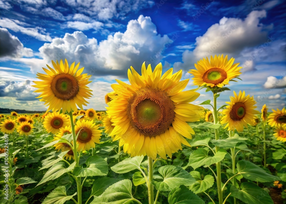 Vibrant yellow sunflowers stand tall in a lush green field, their bright petals shining like miniature suns against a clear blue sky with wispy white clouds. Vibrant yellow sunflowers stand tall in a lush green field, their bright petals shining like miniature suns against a clear blue sky with wispy white clouds.