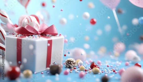 Festive White Gift Box with Pink Ribbon Amidst Falling Candy