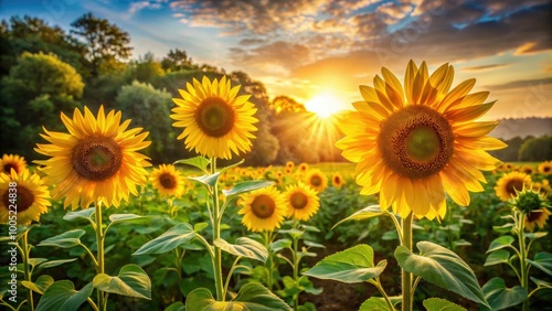 Vibrant yellow sunflowers stand tall amidst lush greenery, surrounded by a warm golden light, exuding the carefree essence of a bright summer afternoon. photo