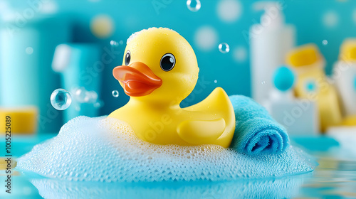 A cheerful yellow rubber duck floating in bubbly water, surrounded by vibrant bath products in a playful environment. photo