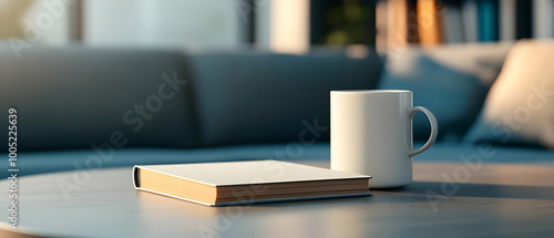 A cozy scene featuring a book and a white mug on a wooden table, perfect for relaxing moments at home. photo