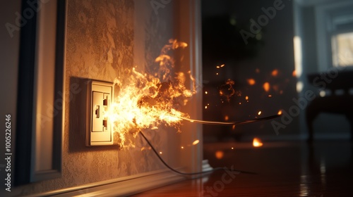 A close-up of an electrical outlet with a fire caused by a short circuit. Sparks and flames are visible, indicating a dangerous situation.