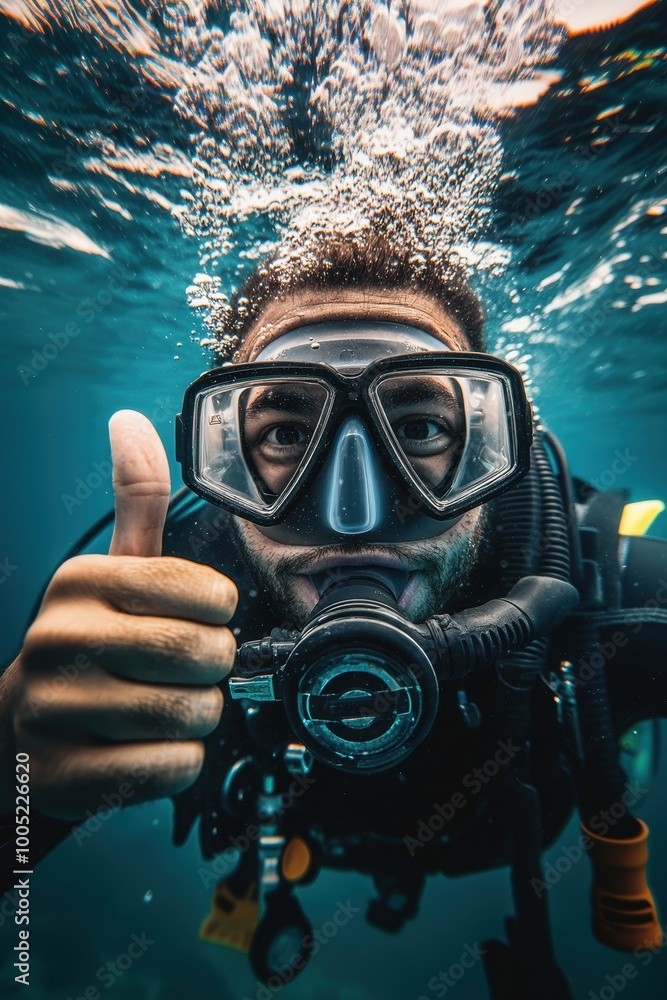 Diver in deep sea with thumbs up gesture Diver in deep sea with thumbs up gesture