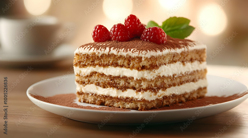 Delicious layered cake topped with fresh raspberries and mint, perfect for dessert lovers on a wooden table. Delicious layered cake topped with fresh raspberries and mint, perfect for dessert lovers on a wooden table.