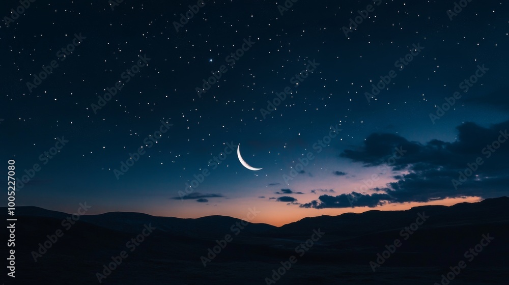 A crescent moon hangs in the night sky above a mountain range, with a blanket of stars. A crescent moon hangs in the night sky above a mountain range, with a blanket of stars.