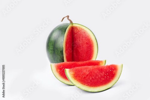 Whole watermelon and seeded slices seen front and top on a white background. Watermelon slices are red, seedy and juicy. photo