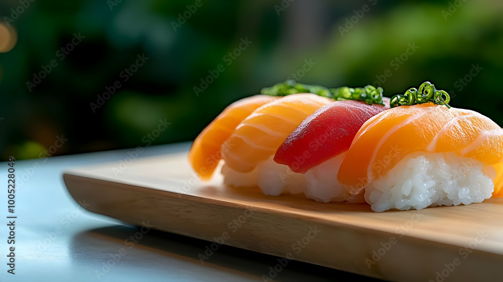 Delicious sushi assortment on a wooden plate with fresh ingredients, perfect for culinary presentations. Delicious sushi assortment on a wooden plate with fresh ingredients, perfect for culinary presentations.