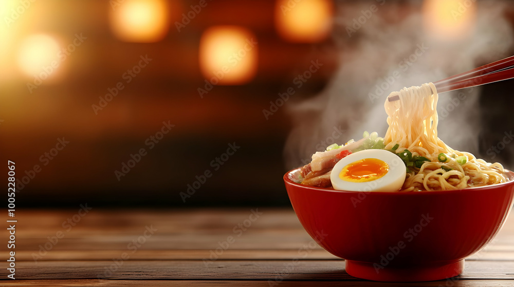 Delicious steaming bowl of ramen with egg and vegetables, served in a vibrant red bowl. Delicious steaming bowl of ramen with egg and vegetables, served in a vibrant red bowl.