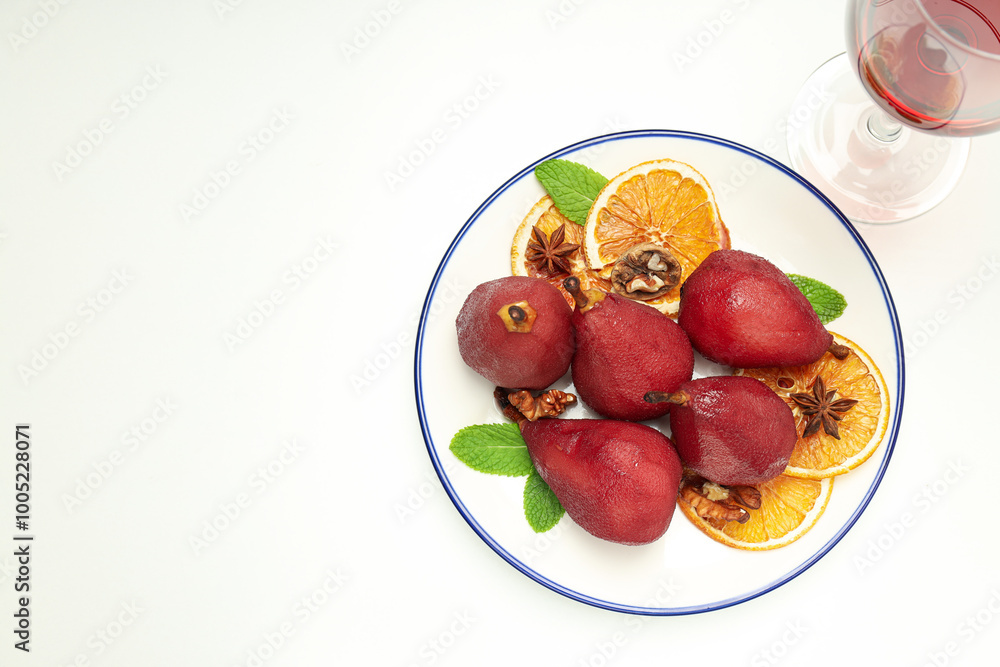 Tasty and delicious food concept - pear in wine
