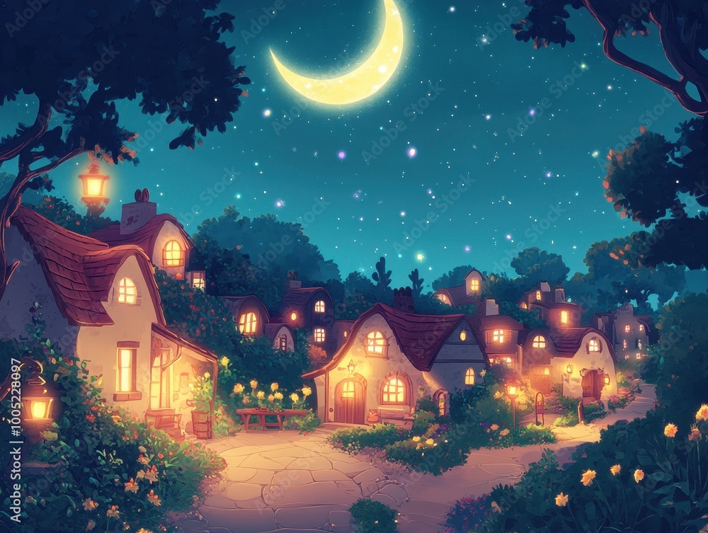 Naklejka premium Enchanting Nighttime Village Scene with Crescent Moon and Starry Sky.