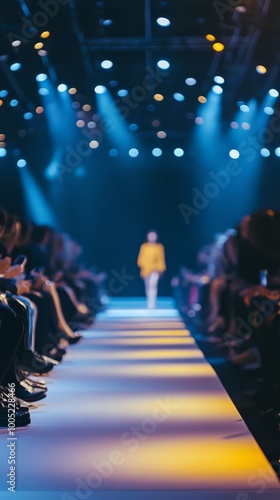 A model walks down the brightly lit runway during a fashion show, with an audience seated on both sides under dramatic blue and yellow lighting.