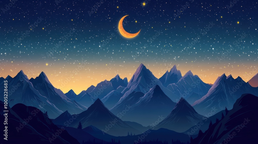 Mountain Range Silhouette at Night with Crescent Moon and Starry Sky, Digital Illustration. Mountain Range Silhouette at Night with Crescent Moon and Starry Sky, Digital Illustration.