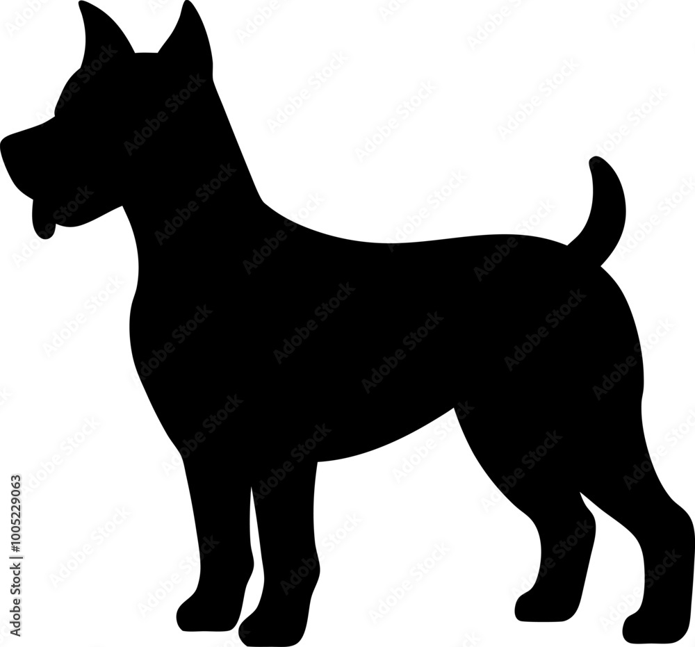Minimalistic dog silhouette, standing with perked ears, curved tail, muscular build Minimalistic dog silhouette, standing with perked ears, curved tail, muscular build
