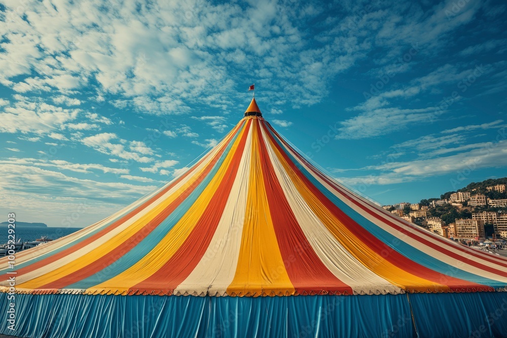 A Multicolored Striped Tent Under a Cloudy Blue Sky A Multicolored Striped Tent Under a Cloudy Blue Sky