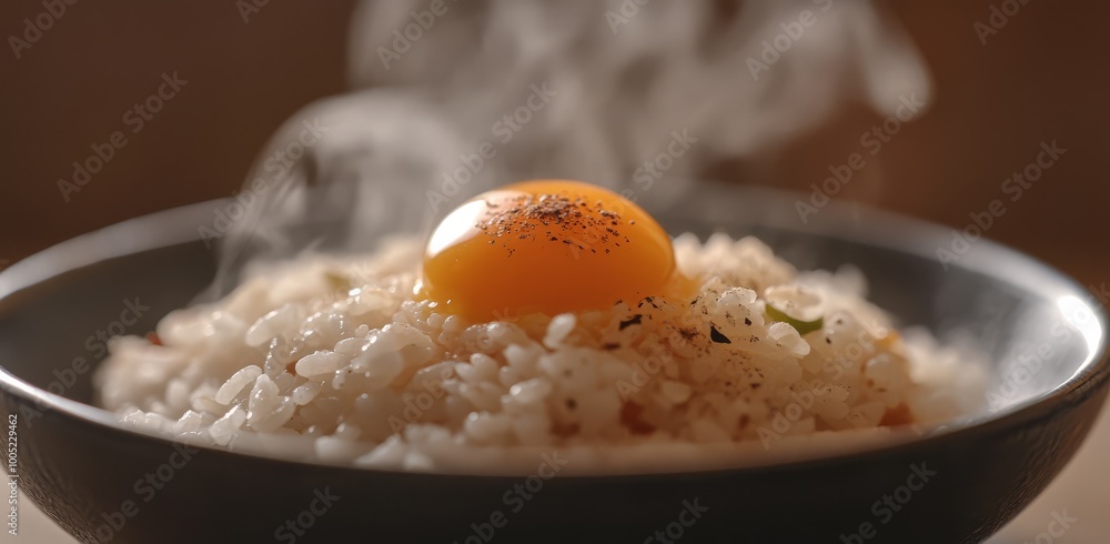 A steaming bowl of white rice topped with a perfectly cooked sunny-side-up egg, seasoned with pepper. A steaming bowl of white rice topped with a perfectly cooked sunny-side-up egg, seasoned with pepper.