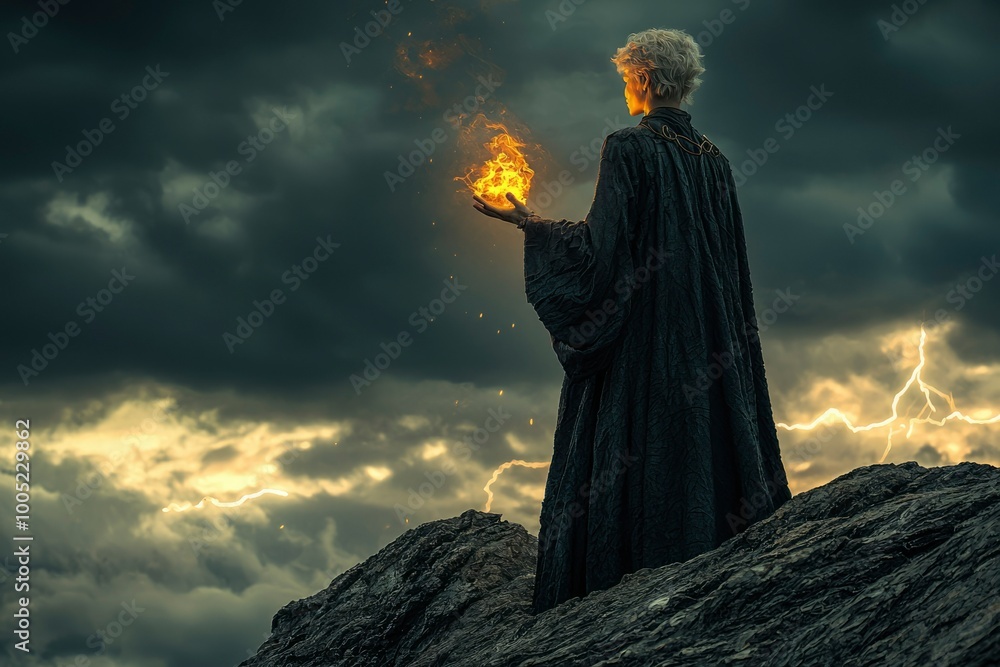 A Figure in a Black Robe Holding a Flame on a Mountaintop with Stormy Skies A Figure in a Black Robe Holding a Flame on a Mountaintop with Stormy Skies