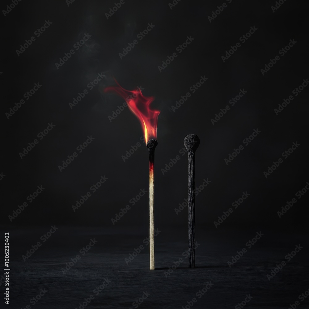 Burning Matchstick with Smoke and a Burnt Matchstick on Black Background - Symbol of Life and Death, Beginning and End. Burning Matchstick with Smoke and a Burnt Matchstick on Black Background - Symbol of Life and Death, Beginning and End.