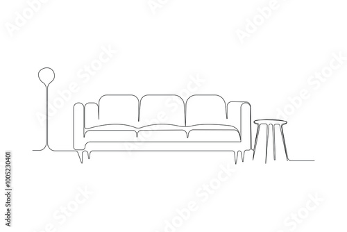 Sofa with lamp and table continuous outline vector. Modern Sofa one line art drawing. Vector illustration.