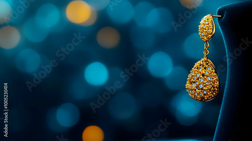 Elegant golden earring with sparkling jewels on a blurred blue background. photo