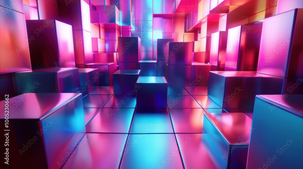 Obraz premium A 3D Abstract Arrangement of Cubes with Neon Lighting