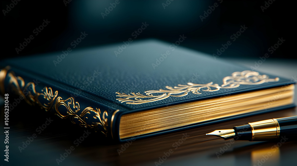 Elegant leather-bound notebook with golden embellishments and fountain pen on a dark surface. Elegant leather-bound notebook with golden embellishments and fountain pen on a dark surface.