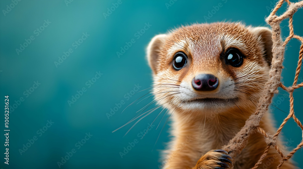 Fototapeta premium Close-up of a curious meerkat against a blurred background, showcasing its expressive eyes and whiskers.
