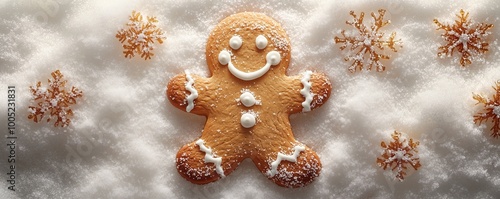 Smiling Gingerbread Man Cookie in a Snowy Winter