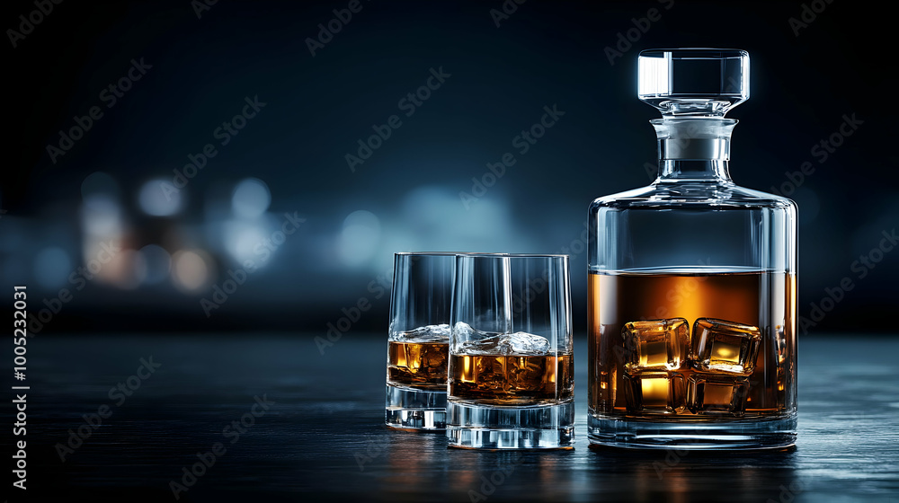 Elegant whiskey decanter with ice-filled glasses, set against a dark background. Elegant whiskey decanter with ice-filled glasses, set against a dark background.