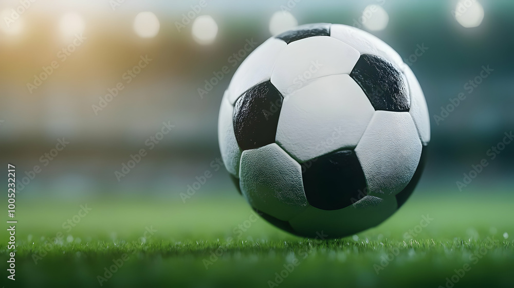 Naklejka premium Close-up of a soccer ball resting on the grass in a stadium, ready for action.