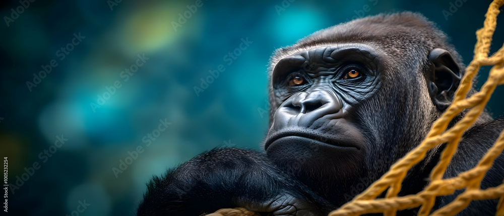 Obraz premium Close-up of a thoughtful gorilla with a serene expression against a blurred background.