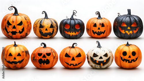 Set of scary Halloween pumpkins on light background, assorted different designs, mockup templates for artwork design, cool elements for your Halloween party invitation card, poster, banner, wallpaper.