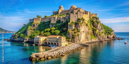 Vertical landscape of Aragonese fortress on Ischia island, Italy, Aragonese fortress, Ischia island, Italy