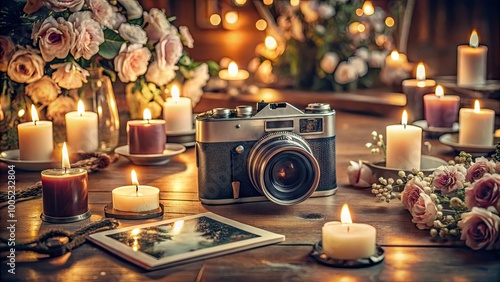 Warmly lit vintage camera surrounded by scattered photographs, flowers, and candles, evoking a sense of nostalgia and romance in a cozy, intimate atmosphere. photo