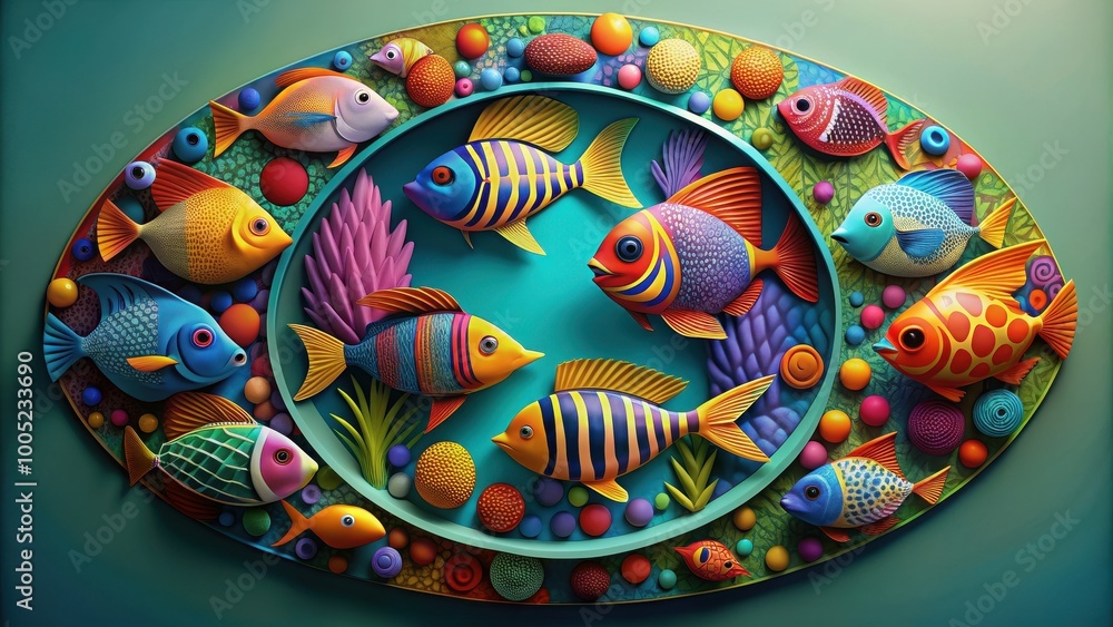 Fototapeta premium Circular abstract wall art with tropical fish theme, vibrant-colored geometric shapes , tropical, fish, abstract, wall art