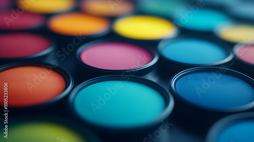 Colorful paint pots arranged artistically on a dark background, showcasing vibrant hues for creative projects. photo